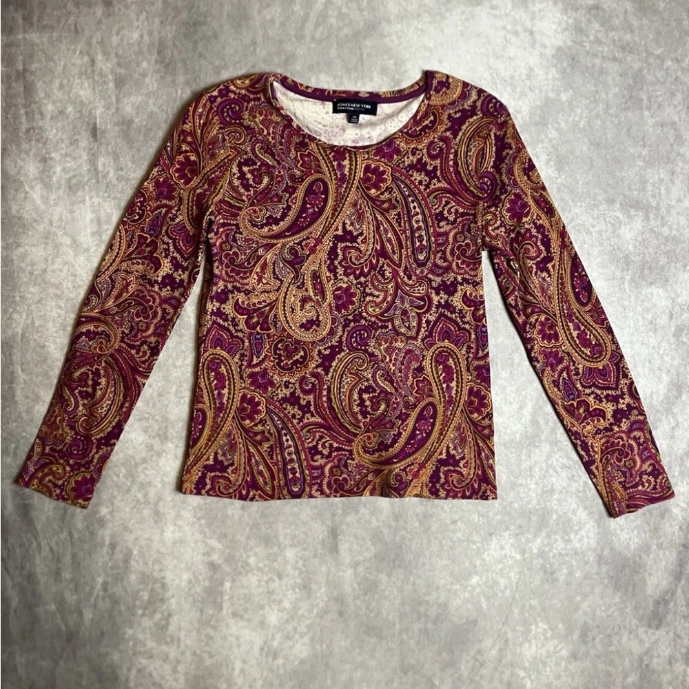 Jones New York Hot Pink Yellow Green Paisley Long Sleeve Fairycore Womens PM